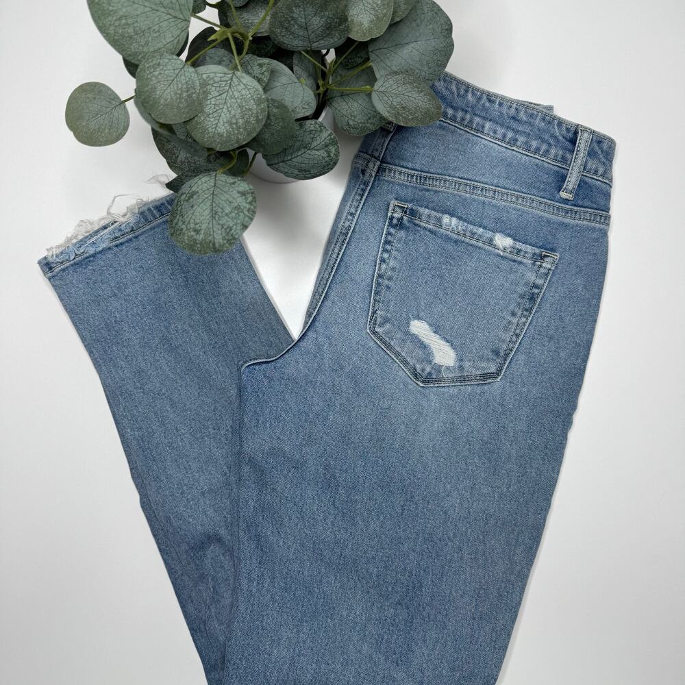 Vervet Blue | Distressed High Rise Button Fly Straight Leg Jeans